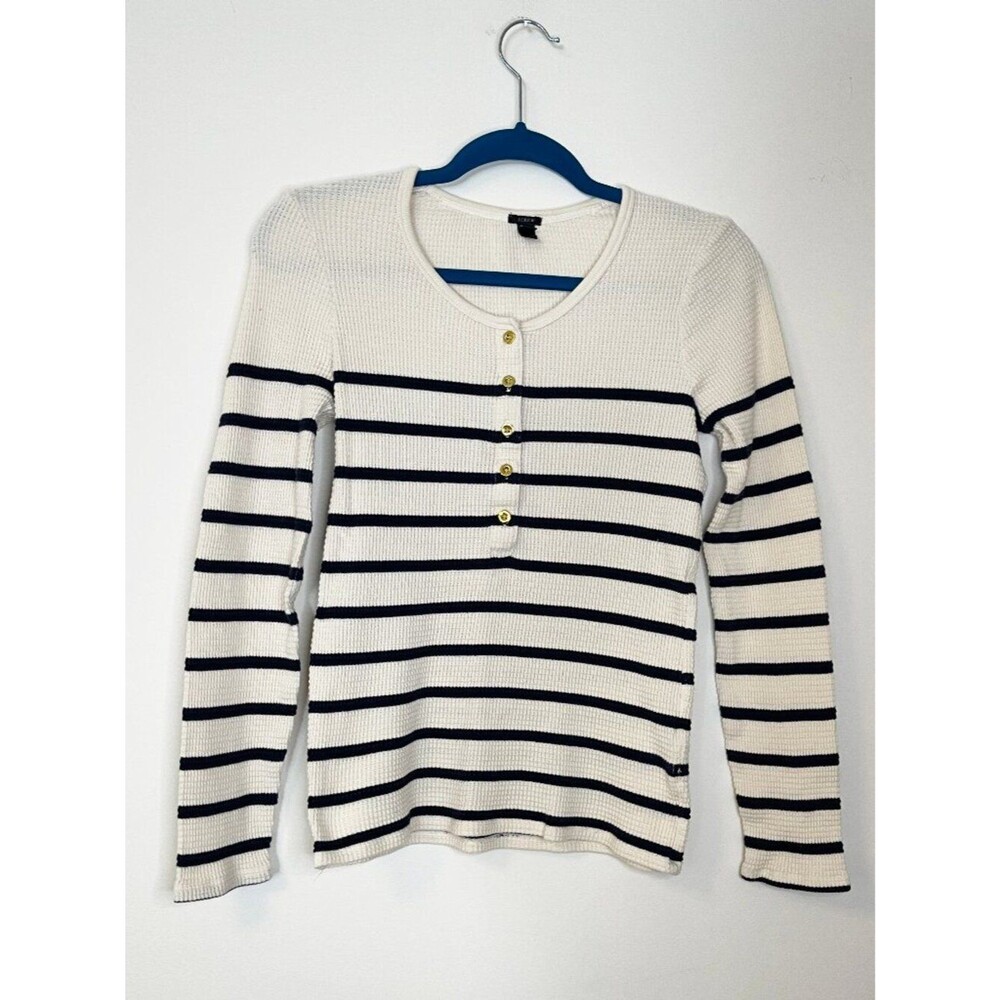 J. Crew Navy Stripe Waffle Knit Henley Top Small Coastal Preppy Long Sleeve